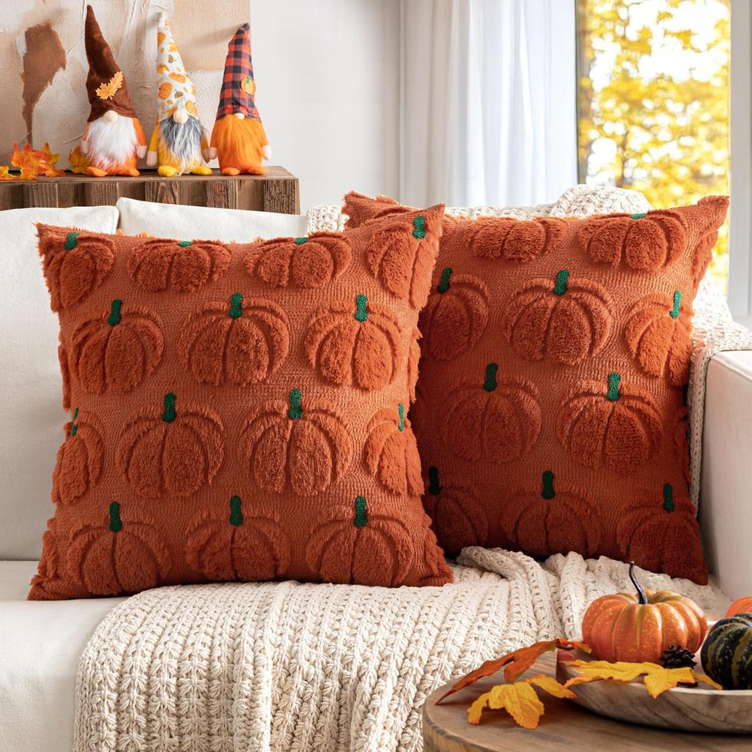 MIULEE Fall Pumpkin Throw Pillow Covers Decor Set of 2 Rust Green Stem 18 x 18 Decorative Cushion Covers Soft Plush Faux Fur Couch Pillows for Autumn Harvest Thanksgiving Outdoor Porch Farmhouse Home