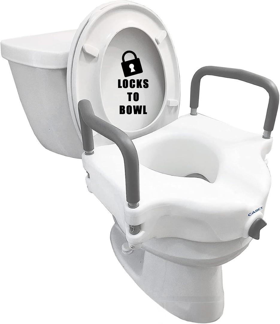 Carex E-Z Lock Raised Toilet Seat with Handles, 4.5 Inch Toilet Seat Riser with Arms, Toilet Riser Fits Most Toilets, Elongated or Round, Toilet Seat Lifter, White
