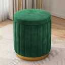 Modern Velvet Storage Ottoman, Round Vanity Stool with High Resilience Sponge, Multifunctional Footrest Makeup Chair with Wooden Frame, Pink (Green), 13"D x 13"W x 17.3"H