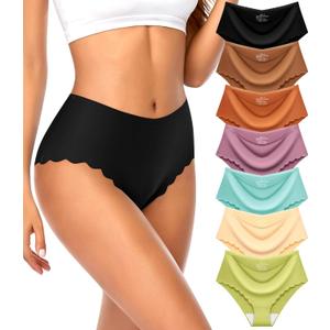 High Waisted Seamless Underwear for Women No Show Panties Sexy Cheeky Bikini Scalloped Edge Breathable Briefs 7 Pack (L)