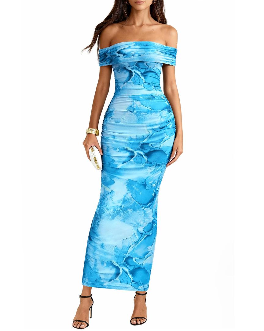 BTFBM Cocktail Dresses for Women 2026 Elegant Classy Off Shoulder Bodycon Mesh Slit Floral Maxi Spring Summer Dress(Floral Light Blue, Large) (Blue, L)