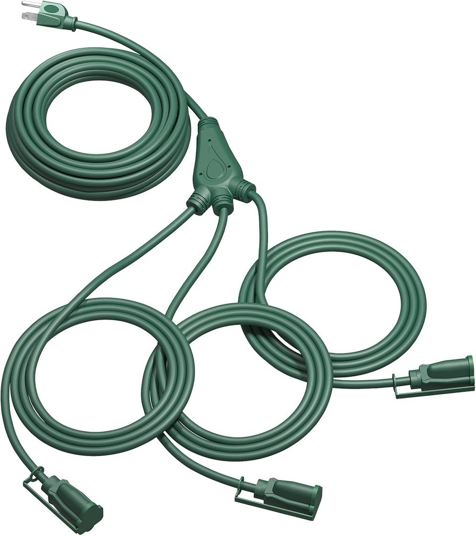 DEWENWILS Outdoor Extension Cord 1 to 3 Splitter for Outdoor Lights, 3 Prong Outlets Plugs, Max 28ft End to End (40 FT Total),16/3C SJTW Weatherproof Wire for Outdoor String Lights, ETL (Green)