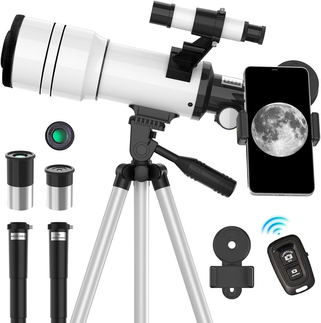 ToyerBee Telescope for Adults & Kids, 70mm Aperture Astronomical Refractor Telescopes for Astronomy Beginners (15X-150X), 300mm Portable Telescope with an Phone Adapter & A Wireless Remote (White)