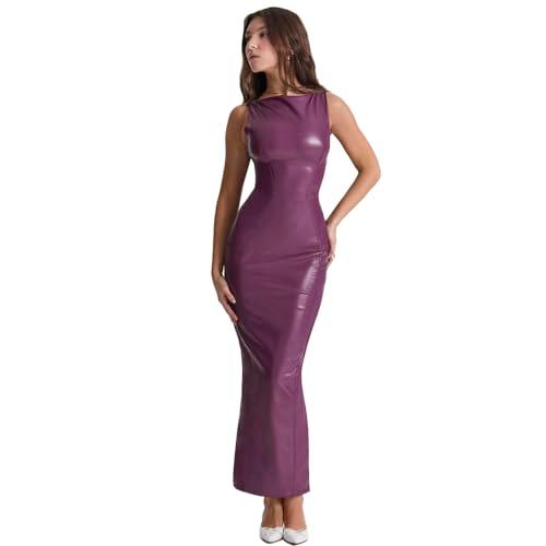 XLLAIS Women's Faux PU Leather Bodycon Maxi Dress Sexy Boatneck Tank Long Dresses (Grape, Medium)