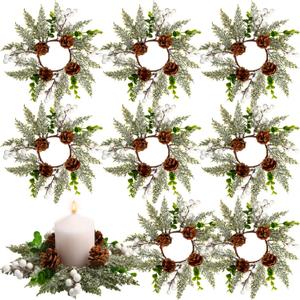 Vercraft 9 Pcs 8" Christmas Candle Rings Wreath Snowy Pine Garland Artificial White Berries and Pine Cones Wreaths Candle Ring Holder for Christmas Wedding Festive Home Table Decoration