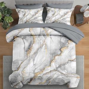 Comforter Set King Size, Marble Gray Gold Retro 7 Pcs Bedding for Adults, Vintage Stone Bed Sheet Sets with Fitted Sheet 2 Pillowcases & 2 Shams for Bedroom Bed Decor