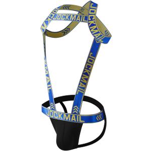 Mens Harness Sport Shoulder Strap with Jock Strap Fitness One-piece Harness with Jockstrap Bodysuit (Medium, Blue)