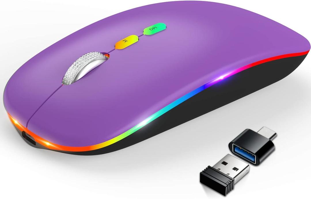 HOTLIFE Wireless Bluetooth Mouse, Slim Rechargeable LED Mouse, 2.4G Portable USB Optical Mouse with Type C Adapter, Purple