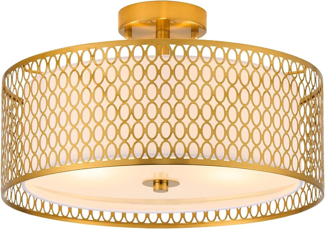 17" Semi Flush Mount Ceiling Light Fixture, 3-Light Gold Light Fixture, Close to Ceiling Light Fixture with White Fabric Lampshade and Gloden Iron Mesh Cage for Dining Room Living Room Bedroom
