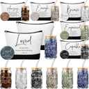 Fumete 6 Sets Christian Gift Sets for Women Mothers Day Church Gift Glass Cup Tumblers Lid Straw Makeup Bag Religious Mini Mirror Bulk for Sunday School Teacher(Bible Words,Black)