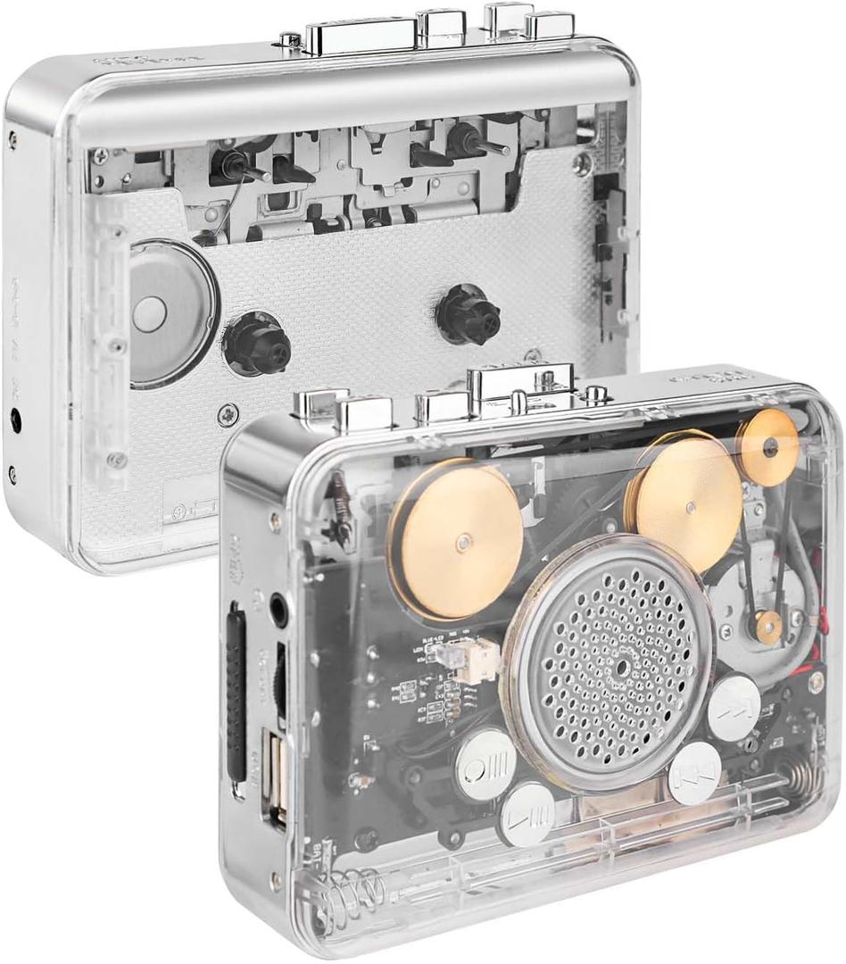 Portable Clear Stereo Auto Reverse Cassette PlayerConvert Tapes to MP3 Format via USB ConverterBuilt-in Cool Copper Wheel Movement Speaker