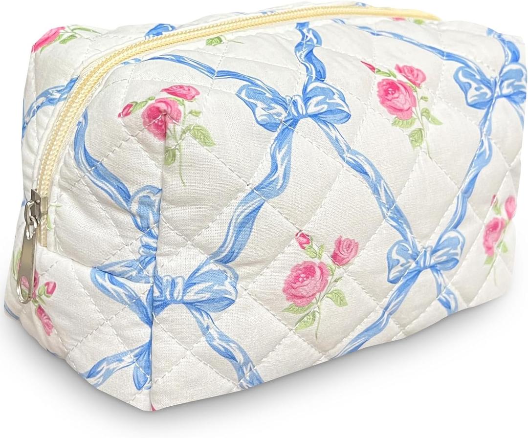 Trnerm Small Makeup Bag Quilted Cosmetic Bag Coquette Makeup Pouch Makeup Organizer Blue Ribbons Small Travel Makeup Bag Travel Toiletry Bag for Women Girls