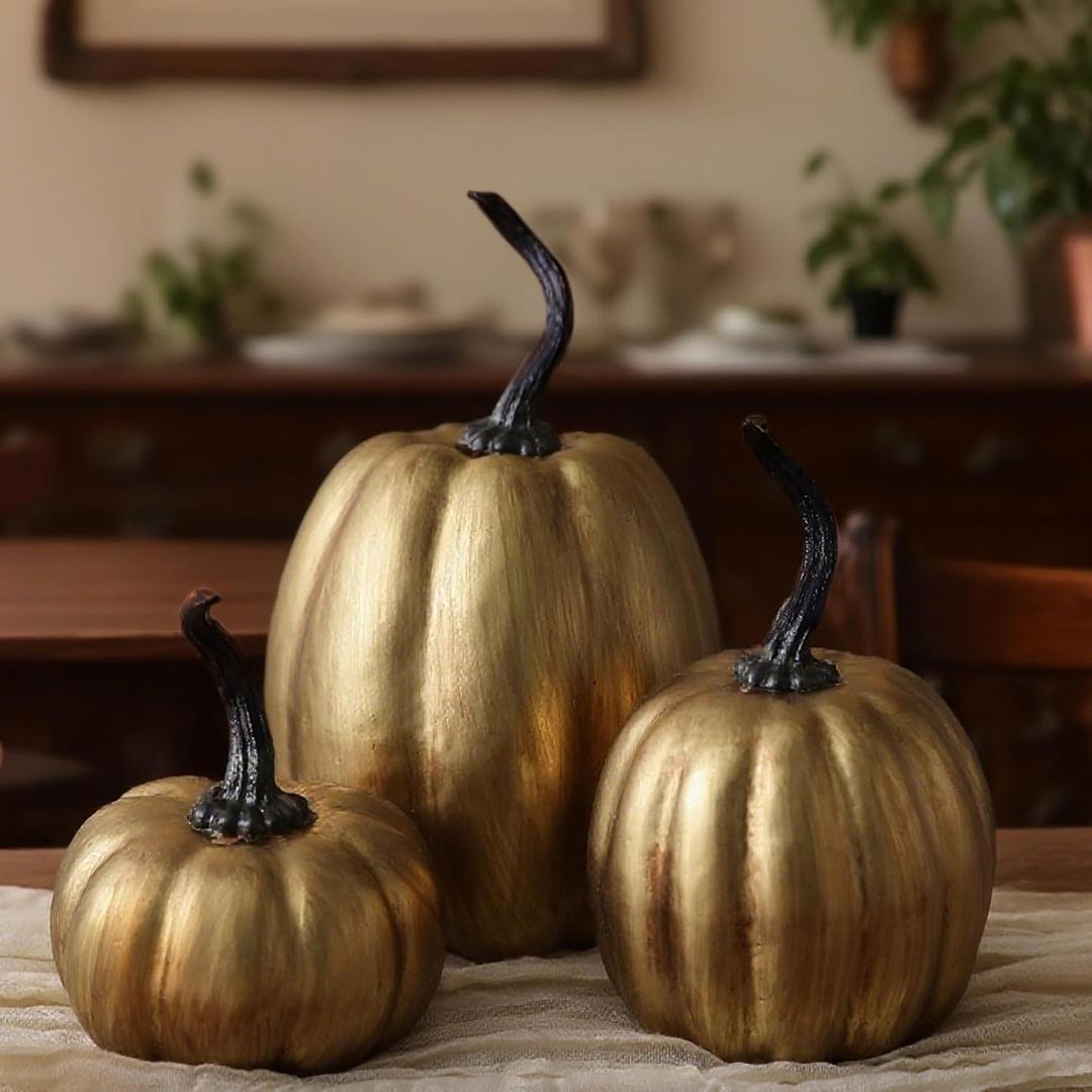 Janinka 3 Pcs Fall Antique Gold Pumpkin Decor Vintage Retro Fake Pumpkin Figurines Fall Thanksgiving Pumpkins for Home Decor Farmhouse Harvest Halloween Table Centerpiece