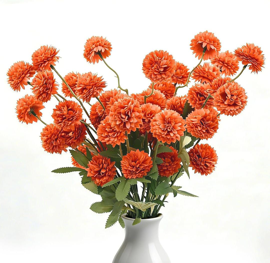 8pcs Orange Fake Flowers Silk Pompon Mum Artificial Flowers,Mini Artificial Chrysanthemums with Stems,Faux Flowers For Vase,for Wedding Centerpieces, flower arrangements, vase fillers, and home decor