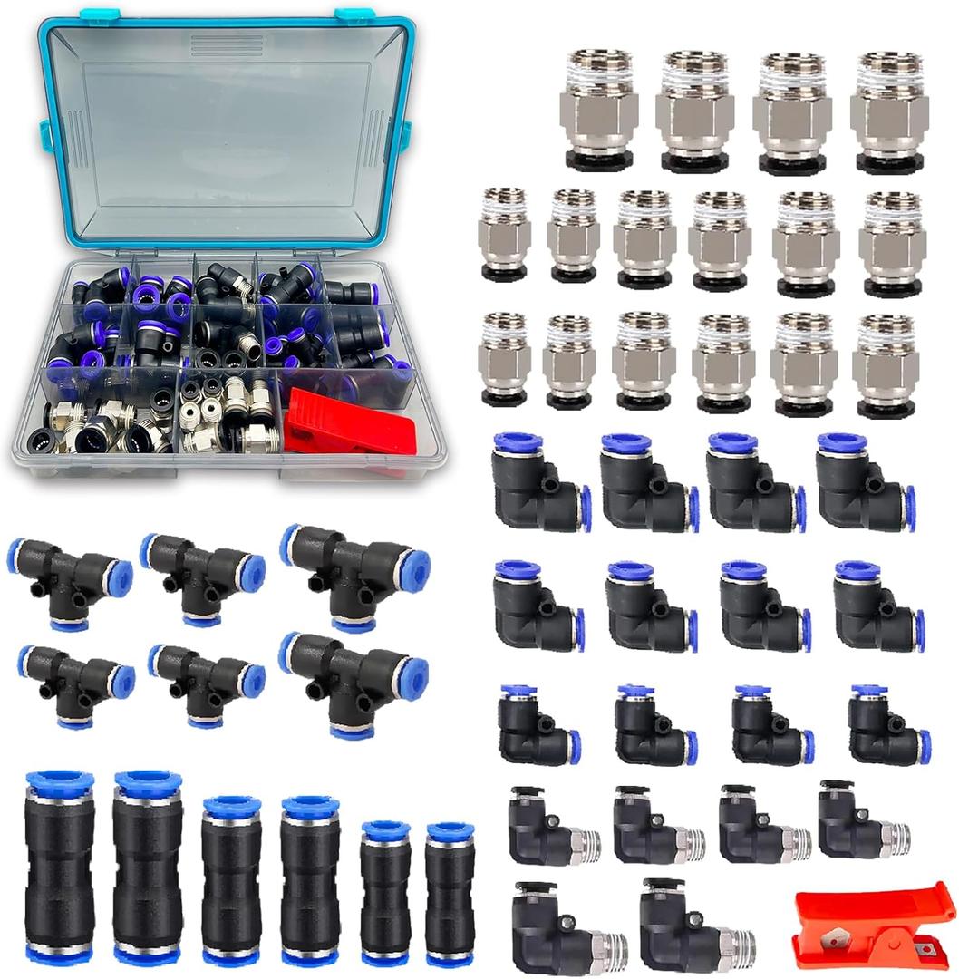 Hose Fitting kit, 47 Pieces NPT Thread Push To Connect Fittings, Nylon Tubing 1/4, 3/8, 1/2 Inch Quick Connect Fittings, Air Line Fittings assortment kit