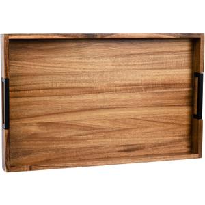 Large Ottoman Tray for Living Room and Coffee Table, Decorative Acacia Wood Serving Tray with Metal Handles for Breakfast in Bed, Dinner Food Kitchen TV (Natural, 24" x 15" x 2")