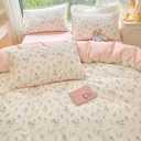 Nayoroom Pink Floral Duvet Cover Queen Size Green Botanical Leaf Printed on White Reversible Coquette Bedding Set 3 Pcs Soft Microfiber Spring Cottagecore Comforter Cover with Zipper Closure