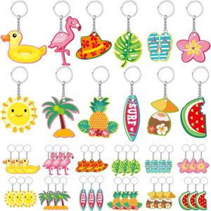 Janmercy 36 Pieces Hawaiian Luau Party Favors Summer Flamingo Pineapple Beach Keychain Tropical Hawaiian Key Ring for Kids Summer Theme Luau Key Ring Party Favor Supplies, 12 Styles (Lovely)