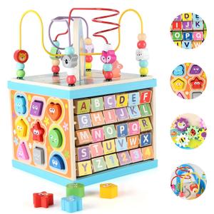 Qilay Wooden Activity Cube for Toddlers 1-3 (Large), 5 in 1 Multipurpose ABC-123 Abacus Bead Maze Shape Sorter | Early Educational Toy for Toddlers - First Birthday Present for Boys Girls