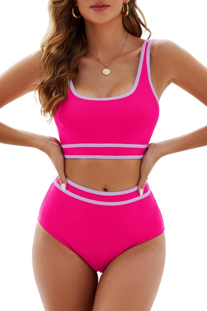 Adisputent Womens High Waisted Bikini Color Block Swimwear Bandeau Top Sports Style Scoop Crop Swimsuit 2 Piece Bathing Suits (Small, Rose Purple)