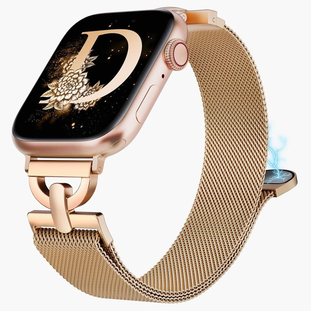 Stainless Steel Magnetic Loop Compatible with Apple Watch Band 42mm 44mm 45mm 46mm 49mm Women Metal Mesh D-shaped Clasp Strap for iWatch SE Series 10/9/8/7/6/5/4/3/2/1/Ultra(1/2) Rose Gold
