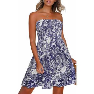 CHICGAL Summer Dresses for Women Beach Cover Ups Strapless Boho Floral Print Sundress (Large, Amoeba Navy Blue)