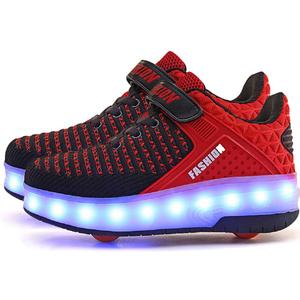 Aikuass USB Chargable LED Light Up Roller Shoes Wheeled Skate Sneaker Shoes for Boys Girls Kids (3.5 Big Kid, 1- Black Red- Double Wheels)