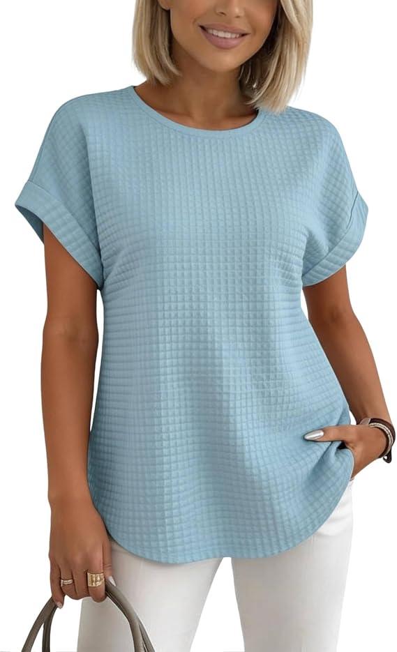 HVT Spring Blouses for Women 2026 Waffle Trendy Blouses Crewneck Short Sleeve Knit Tops Casual Daily Blouses Tee (Light Blue, XL)