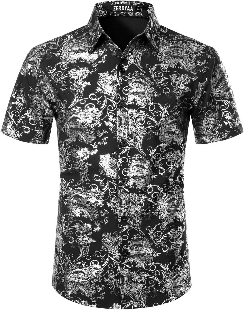 ZEROYAA Men's Luxury Paisley Shiny Stylish Slim Fit Short Sleeve Button Up Dress Shirt ZLCL23 Black Silver X-Large