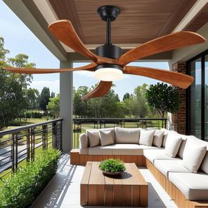 60 Inch Ceiling Fans with Lights Remote Control, Modern Ceiling Fan 5 Blades Wood Fan for Outdoor, 3 Downrods, ETL Listed, Timer, 6 Speeds Reversible Quiet Dc Motor for Patios, 60in Yellow Walnut