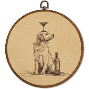 Vintage Golden Retriever Wall Art Decor 10x10Inch, Retro Bar Circular Wall Art Framed Canvas Print Decor, Retro Animal Portrait Country Art Decor for Home Farmhouse Bedroom Living Room (Dog)