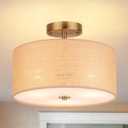 13" Boho Woven Rattan Ceiling Light Fixture, 3-Light Semi Flush Mount Modern Drum Lamp with Beige Fabric Shade, Rustic Lighting for Bedroom, Living Room, Dining Room, Hallway and Entryway (Brown)