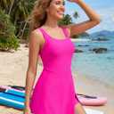 Aleumdr One Piece Swimdress Swimsuit for Women Tummy Control Split Swim Dress Skirt Bathing Suit with Pockets (Pink, XL)