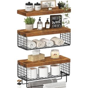 KLUVIS Bathroom Floating Shelves for Wall  Shelf Over Toilet Storage Small Farmhouse Decor Shelves (15.7 inch, Set of 3, Rustic Brown)