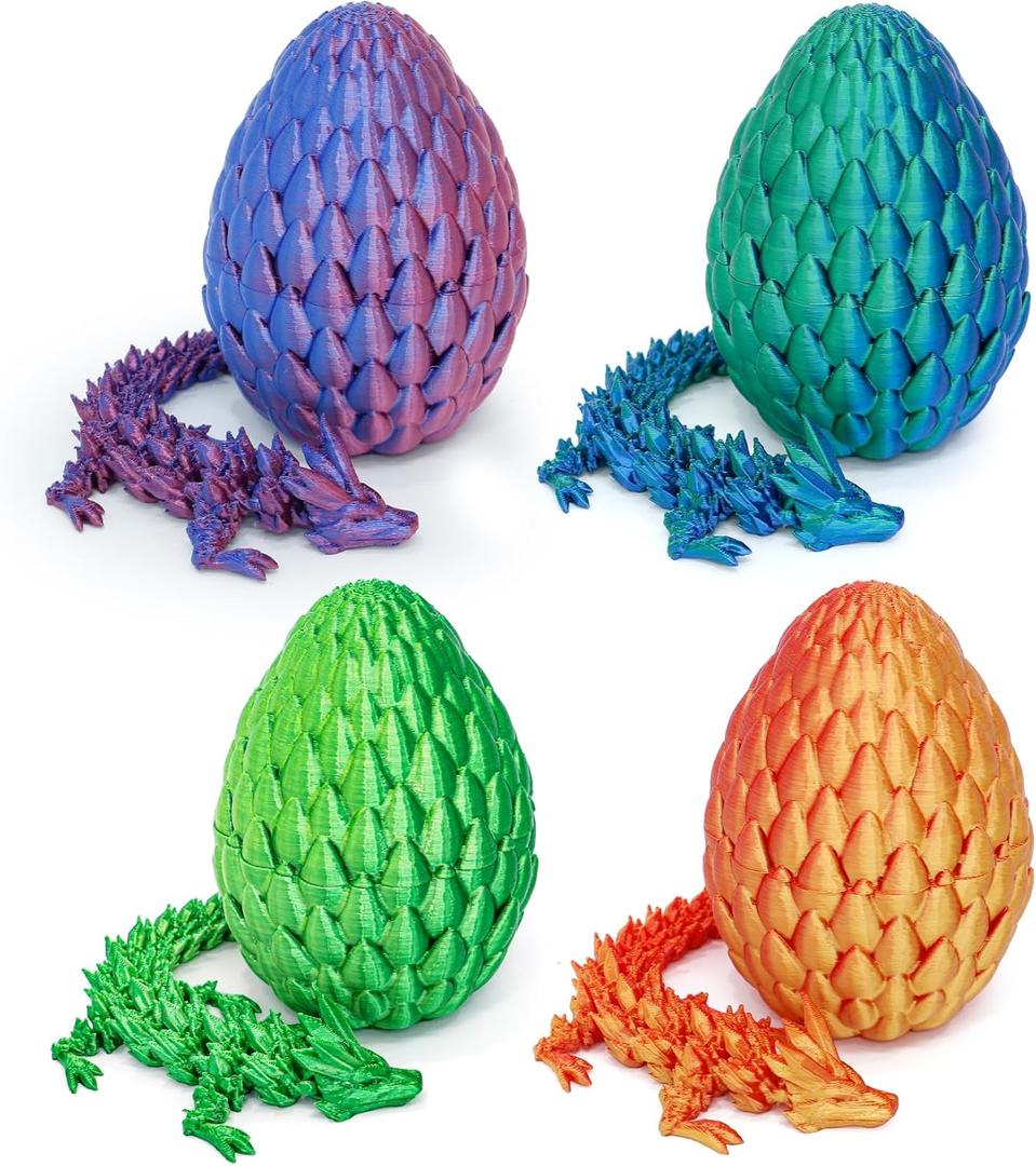 4 Pack 3D Printed Dragon in Egg - Mini 3D Eggs with Articulated Crystal Dragon Inside, Cute Fidget Toy, Birthday Gift, Desk Pet Figure, Easter Basket Essentials (4A1)