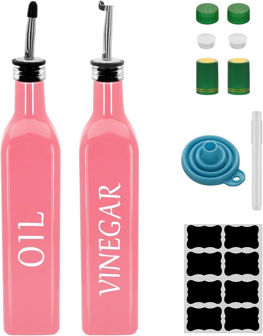 Olive Oil Dispenser Bottle,2 Pcs 17oz 500ml Glass O il and Vinegar Dispenser Set with 2 Stainless Steel Pourers, 8 Labels,Funnel Vinegar Bottles for Kitchen (Pink)