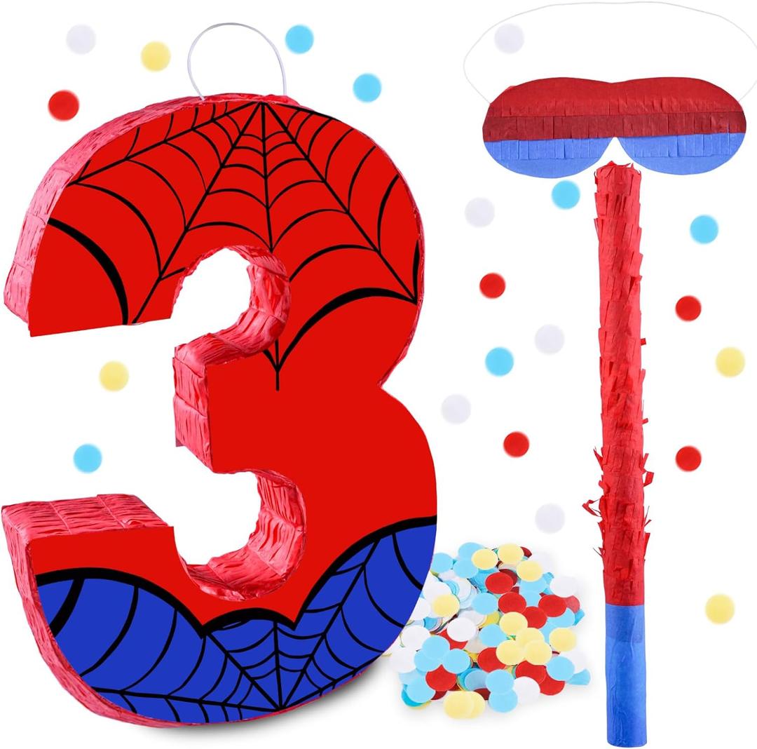 16 Inch Number 3 Spider Pinata with 16 Inch Piata Stick Blindfold Confetti for Boy Girl Kids 3rd Birthday Party Decorations (3rd)