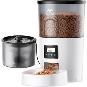 IMIPAW Automatic Cat Feeder and Water Fountain, Timed Dry Food Dispenser, Programmable Portion Control, 1-6 Meals Per Day, Desiccant Bag, Cat Fountains for Drinking with Filter, Small Pets (3L Combo) (White)