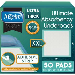 Inspire Extra Large Super Absorbent Disposable Bed Pads for Incontinence Ultra Thick and Absorbent Bed Pads Disposable Adult | Puppy Pads | Pee Pads for Adults (36" X 36" Pack of 50 W/ Adhesive)
