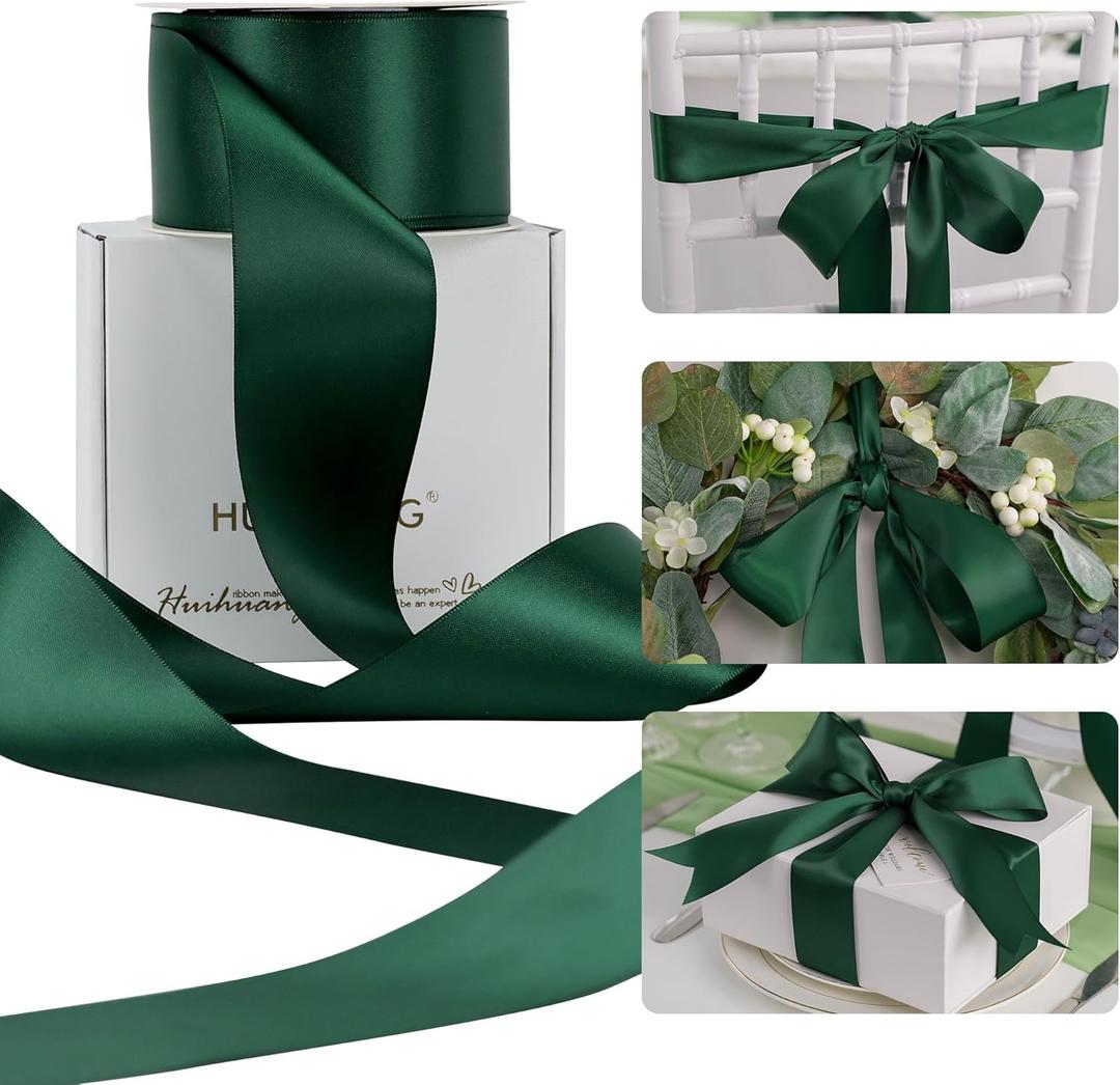 HUIHUANG Hunter Green Satin Ribbon 2 Inch Double Side Green Satin Fabric Ribbon for Christmas, Crafts, Bows Making, Flower Bouquet Wrap, Gift Wrapping, Wedding Decor, Home Decor, Hairs-25 Yards/Roll