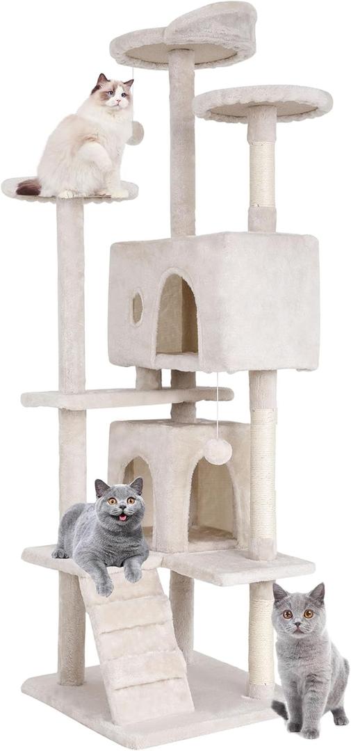 70" Cat Tree Tower | Beige | Sturdy, Easy to Assemble, Multi-Level Activity Center with Sisal Scratching Posts, Condos, Perches, Hanging Cat Toys, Observation Decks & Ladder