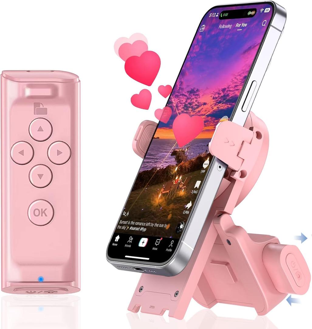 Remote Control Scrolling for Tiktok with Phone Stand,Page Turner for Kindle App E-Book,Bluetooth Camera Shutter Remote for iPhone, Android,iOS,iPad,Tablet (Rose Pink)