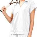 Women Casual Dresses Loose Fit Polo V-Neck Short Sleeves Patchwork Athletic Tennis Dress with Pockets (White, M)