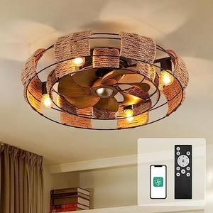 Orison 22" Caged Low Profile Ceiling Fan With Light, Remote, and App Control - Flush Mount, 7 Blades, 6 Speeds, 4 Bulbs