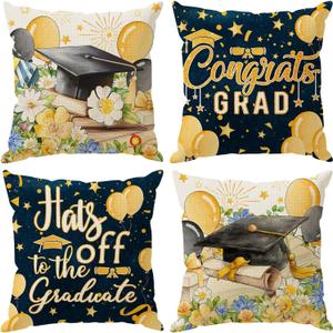 Congrats Grad Cap Balloon Flowers Book Graduation Pillow Covers Throw Pillow Cases Set of 4 Decorations for Home Sofa Cushion Cover Party Holiday Decor 18x18 Inch