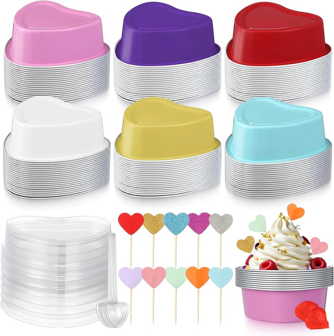 Remerry 320 Pcs 60 Set Mother's Day Heart Shaped Cake Pans, 3.4oz/100ml Heart Shaped Mini Aluminum Foil Bowl with Lids, Flower Petals, Clear Spoon and Topper for Mom Mother Wedding(Multicolor)