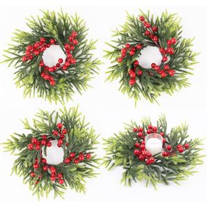 4 Pack Small Christmas Wreath, Mini Ring Wreaths with Red Berries and Spruce, Artificial Small Xmas Wreaths Hanging Decoration Garlands for Home Table Kitchen Window Chair Wall Front Door