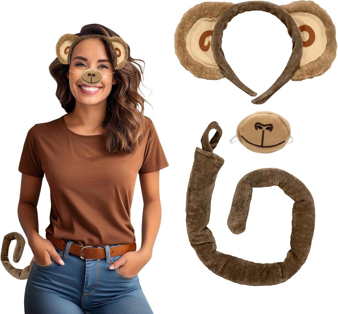 Brown Monkey Costume Accessory Chimp Ears Tail Set Kit Zoo Animal Adult Child