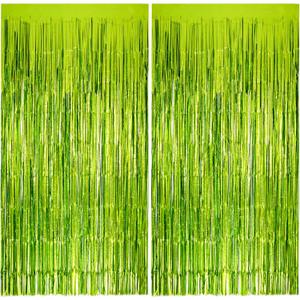 2 Pack Lime Green Party Decorations Tinsel Foil Fringe Backdrop 3.3x6.6, Durable Metallic Tassel Create Photo Booth & Entrance for Margaritas Party Decorations