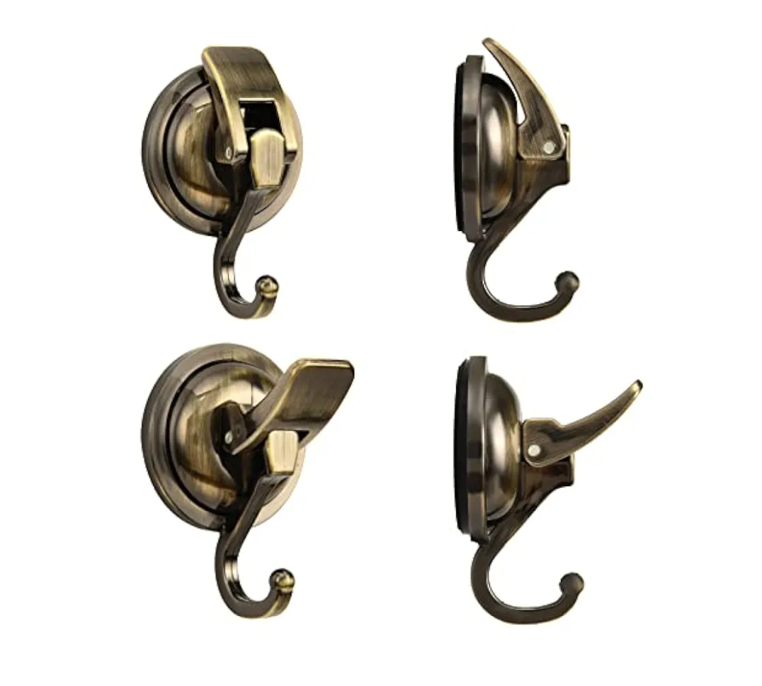 Wreath Cup Hook, Antique Brass- Plated Plished Super Suction Hanger for Glass Window, Kitchen， Bathroom and Restroom,2Pack,